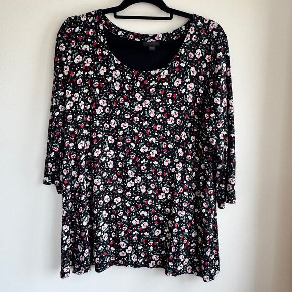 J.Jill Floral Top Blouse Black Red White Round Neck Side Slit 3/4 Sleeve Sz L - Picture 1 of 8